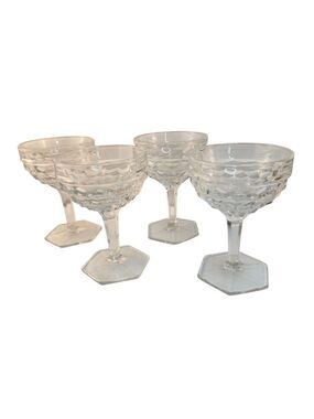 Title:  Fostoria American Clear Cubist Champagne Sherbets  Hex Footed 1960s Host